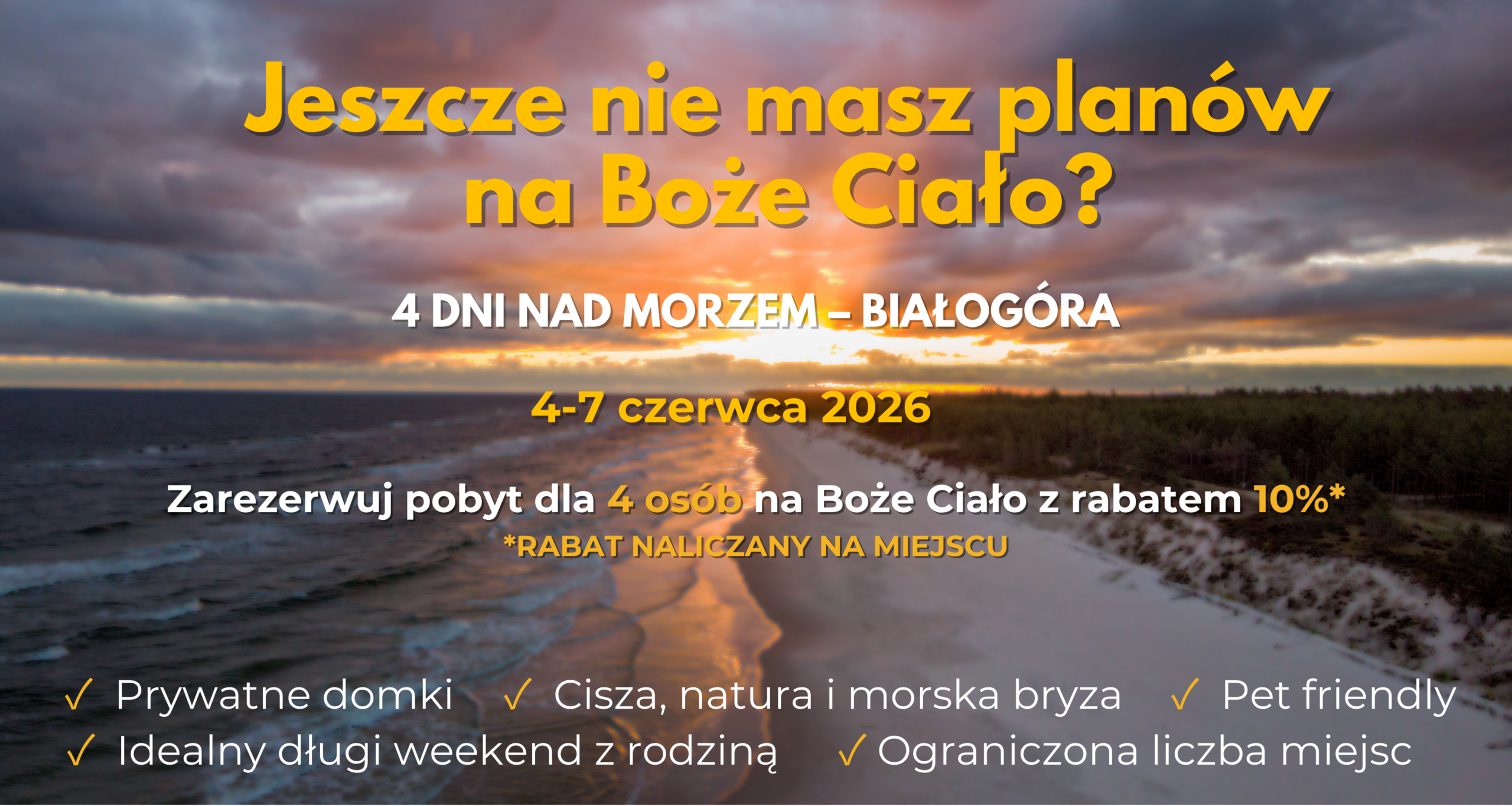 Popup reklamowy Boże Ciało 2026 w Białogórze przedstawiający zachód słońca nad morzem i ofertę pobytu w prywatnych domkach nad Bałtykiem z rabatem 10%.