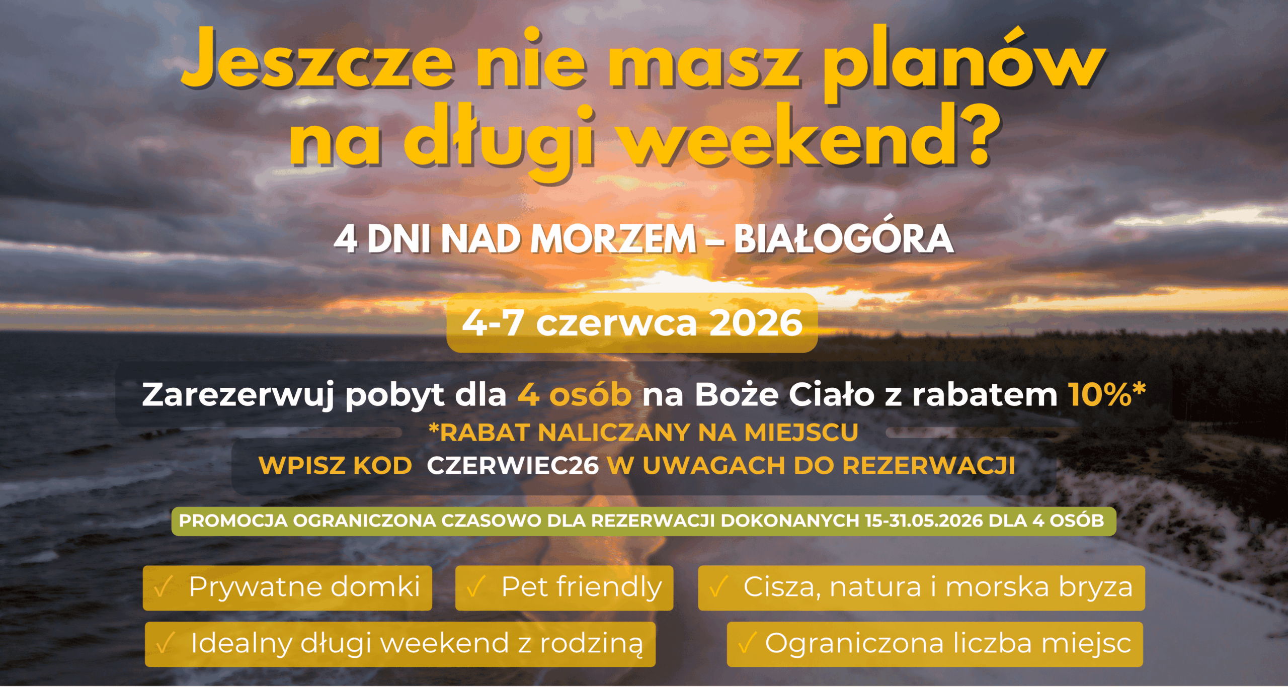 Popup reklamowy Boże Ciało 2026 w Białogórze przedstawiający zachód słońca nad morzem i ofertę pobytu w prywatnych domkach nad Bałtykiem z rabatem 10%.